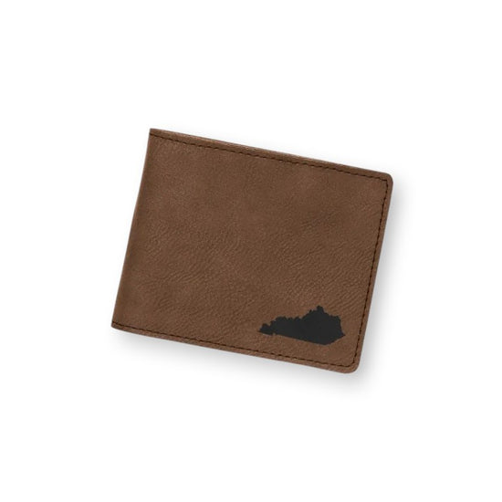 Brown wallet with a black outline of Kentucky on a white background