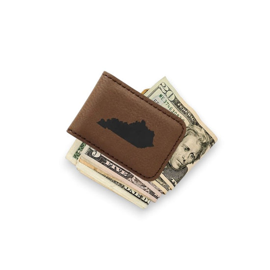 Angled view showing the slim profile and stitching details of the faux leather money clip.