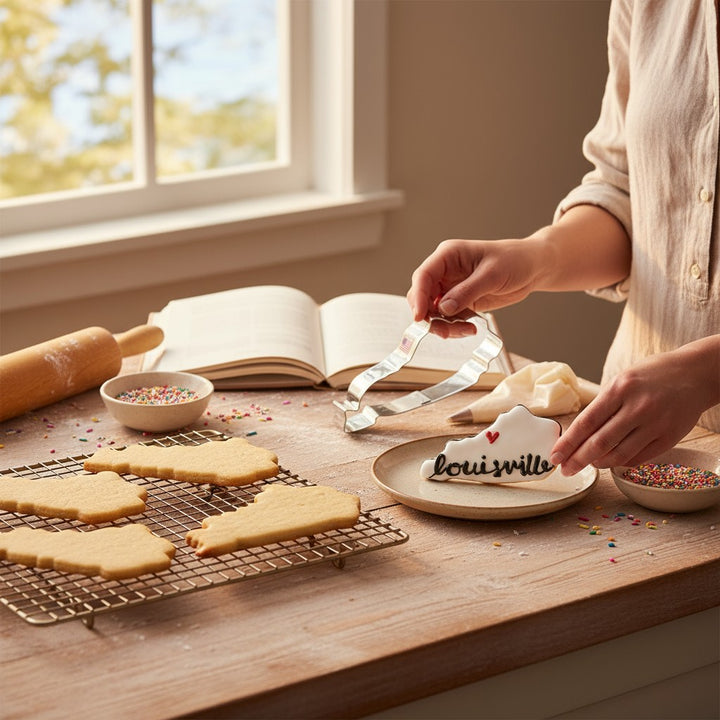 Person decorating Kentucky-shaped cookies on a wooden table with a cookie cuter, book and rolling pin in the background