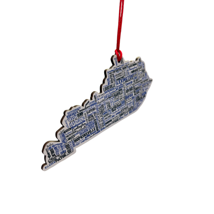 Ornament shaped like a state with text on a white background