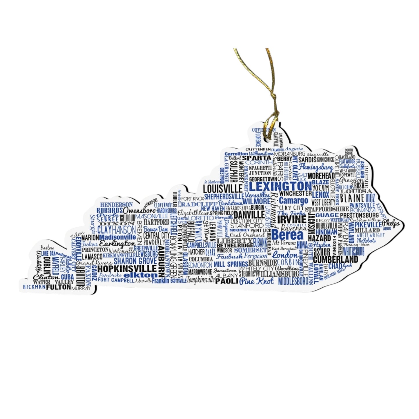 Map of Kentucky with city names in blue and gray on a white background