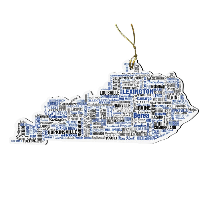 Map of Kentucky with city names in blue and gray on a white background
