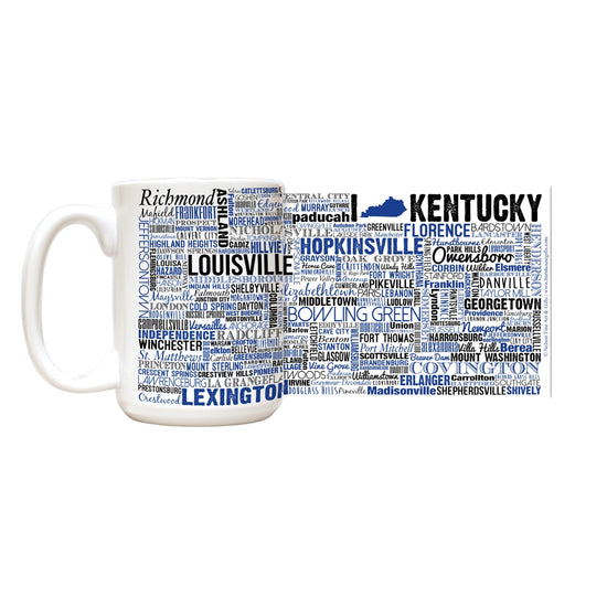 Mug with text of Kentucky cities on a white background