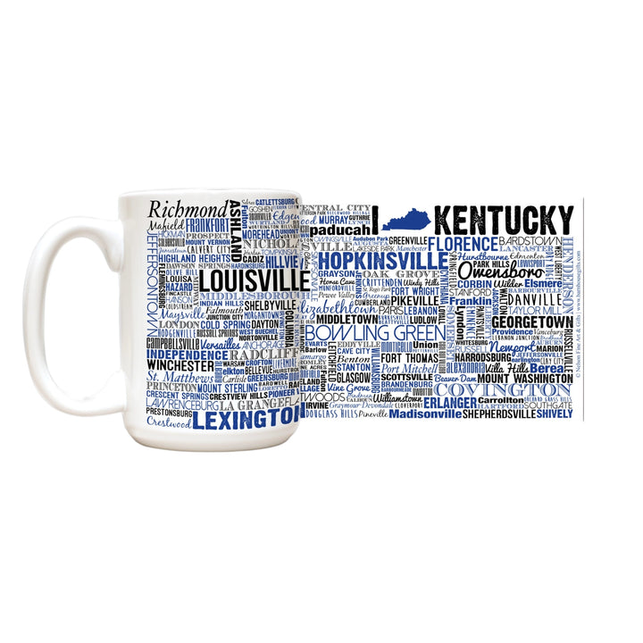 Mug with text of Kentucky cities on a white background