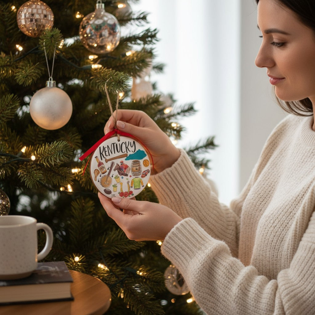 The Kentucky state wood and enamel ornament hanging on a festive Christmas tree with soft lights.