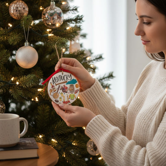 The Kentucky state wood and enamel ornament hanging on a festive Christmas tree with soft lights.