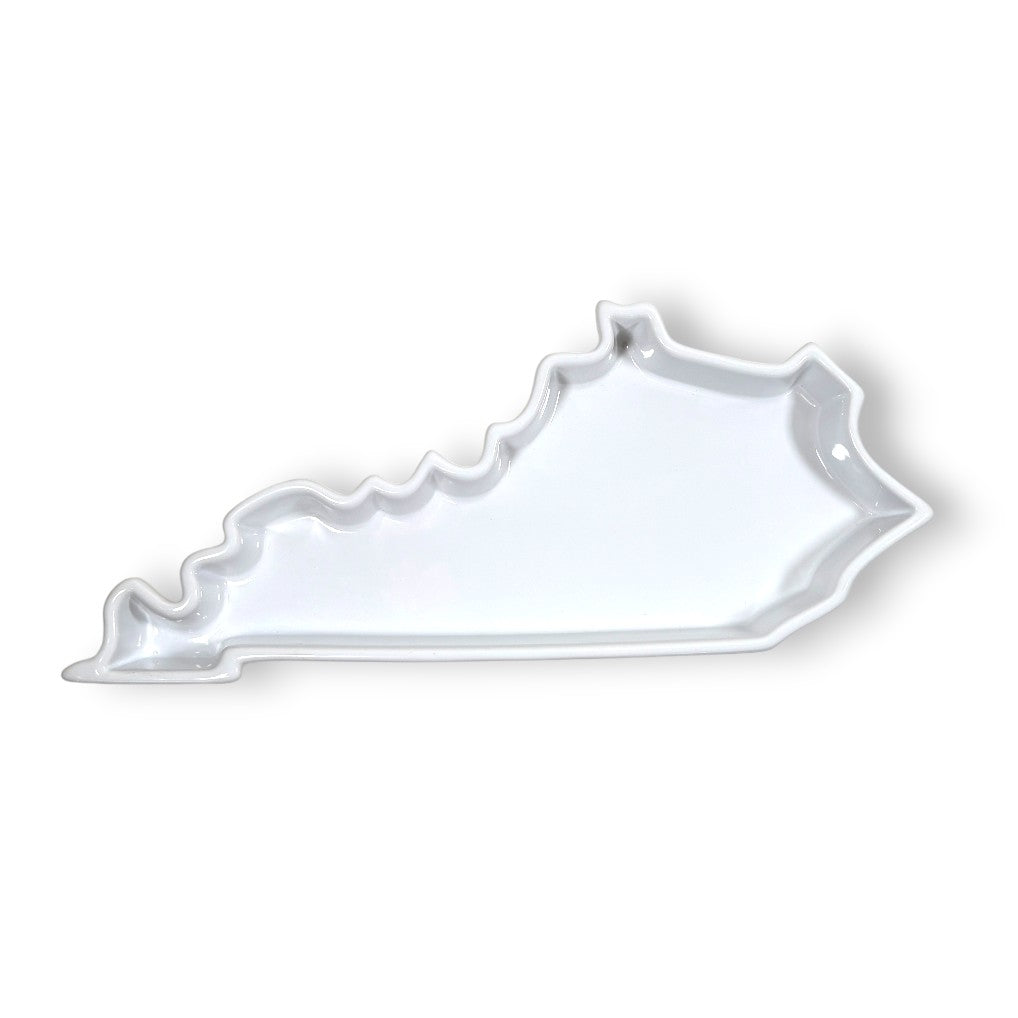 Top-down view of the white porcelain Kentucky State Plate, shaped like the state of Kentucky.