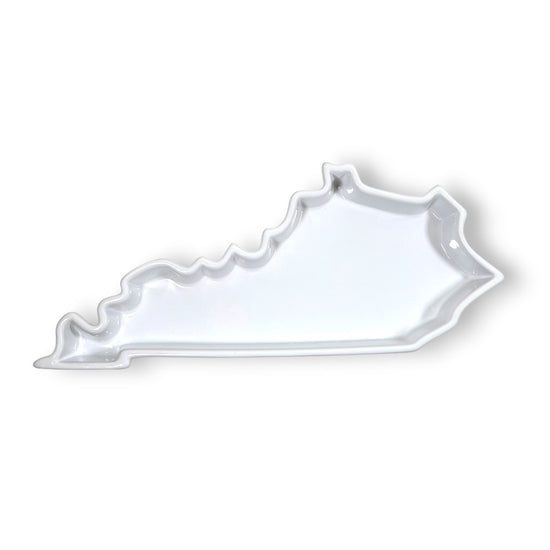 Top-down view of the white porcelain Kentucky State Plate, shaped like the state of Kentucky.