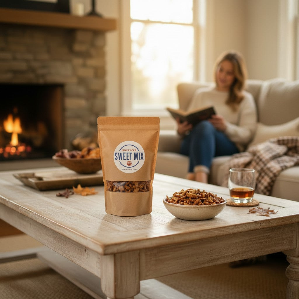 Kentucky Sweet Mix styled in a warm Southern snack setting with cozy, artisanal appeal