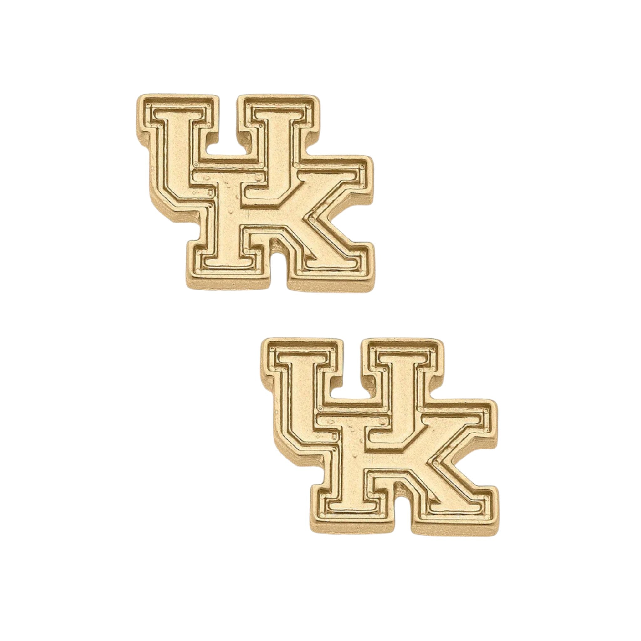 Gold earrings with 'UK' design on a white background