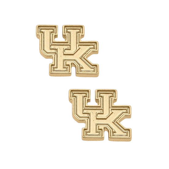 Gold earrings with 'UK' design on a white background