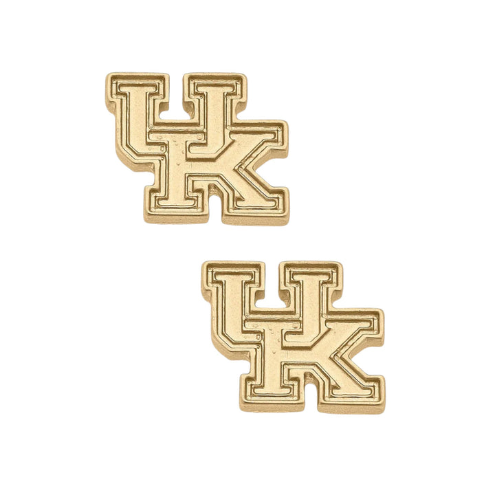 Gold earrings with 'UK' design on a white background