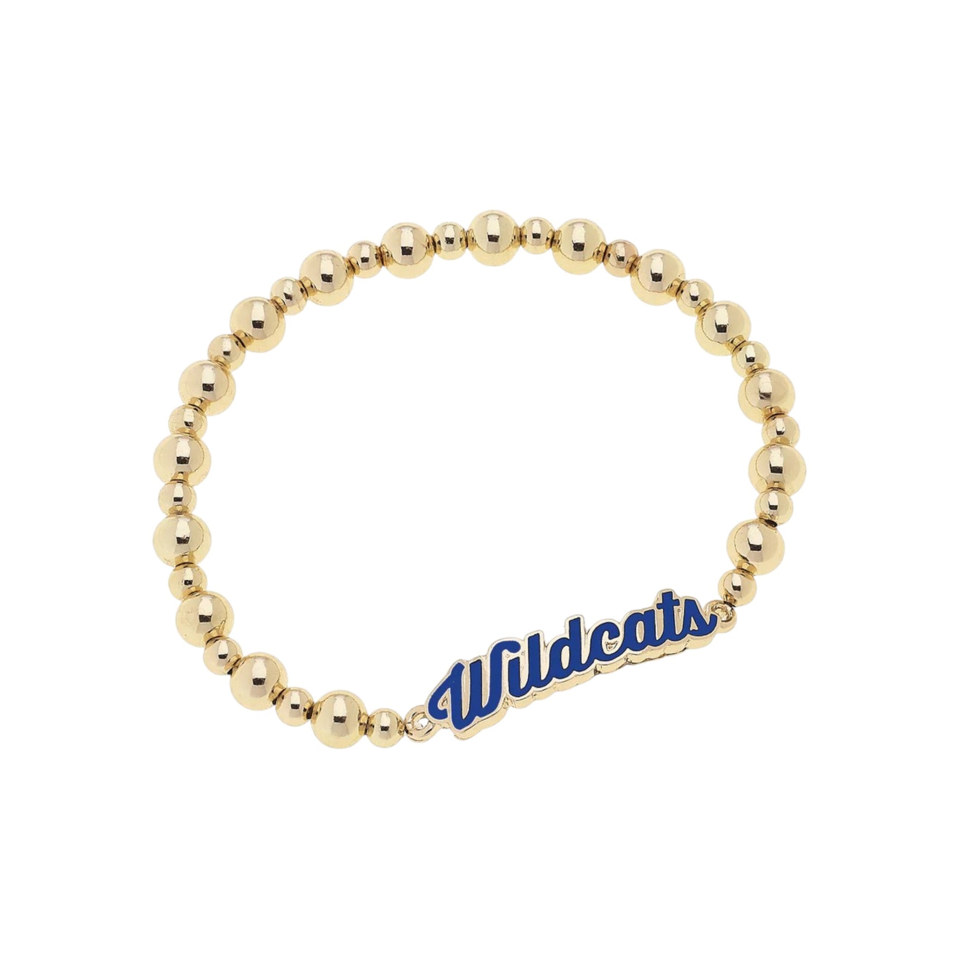 Gold beaded bracelet with 'Wildcats' charm on a white background