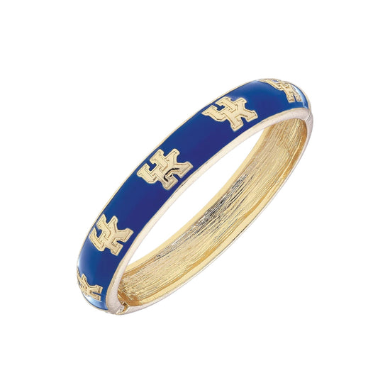 Blue bangle with gold accents on a white background