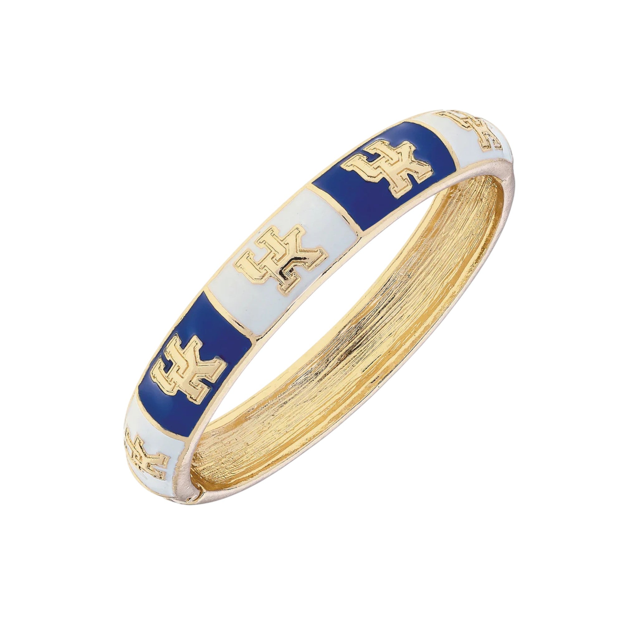 Gold bracelet with blue and white sections on a white background
