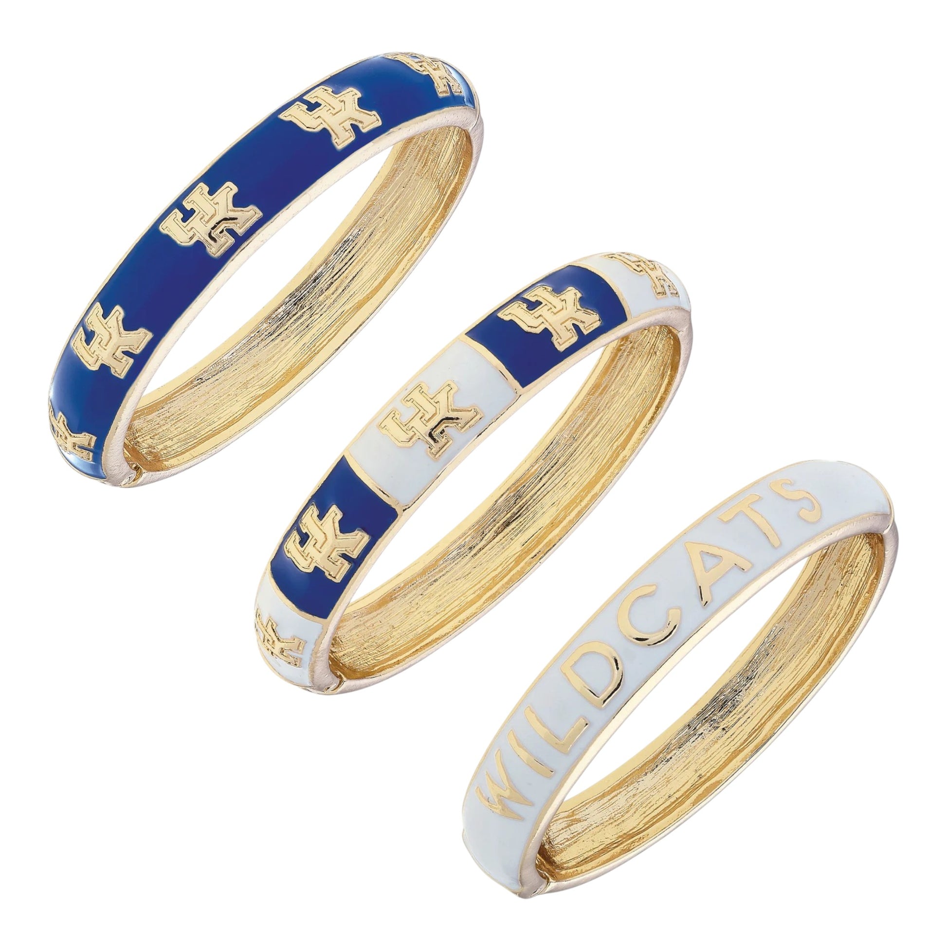 Two gold and blue bangles with UK 'Wildcats' text on a white background