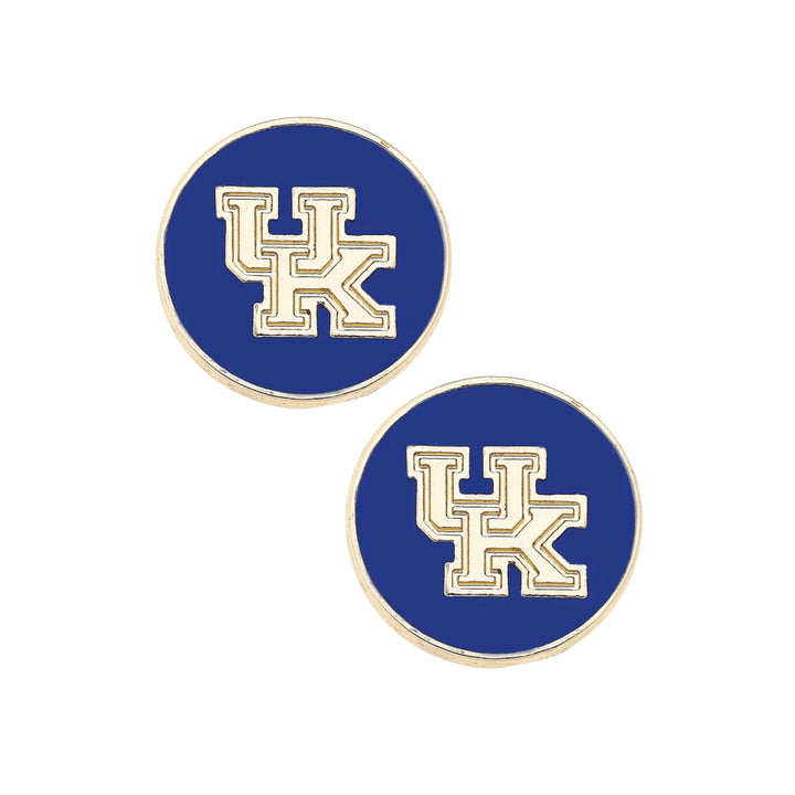 Two blue round pins with gold 'UK' logo on a white background