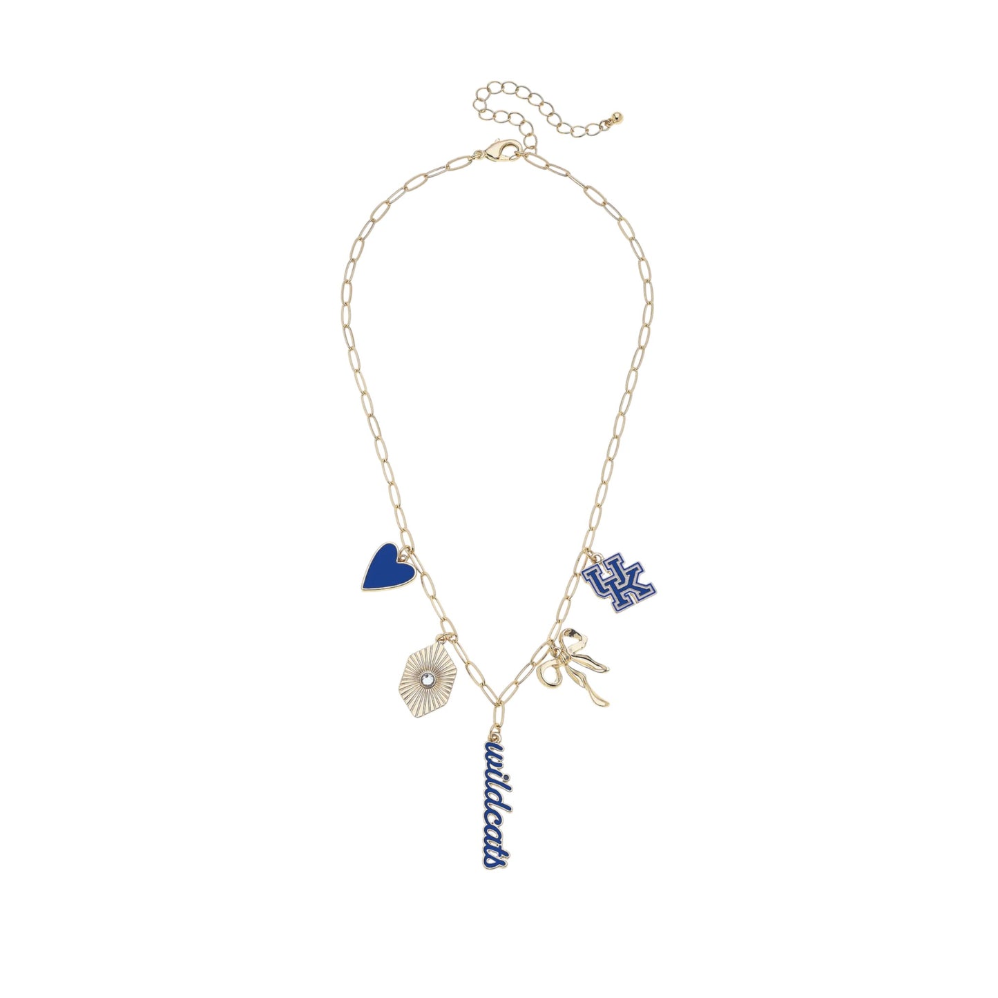 Necklace with heart, circle, and 'wildcats' charms on a white background