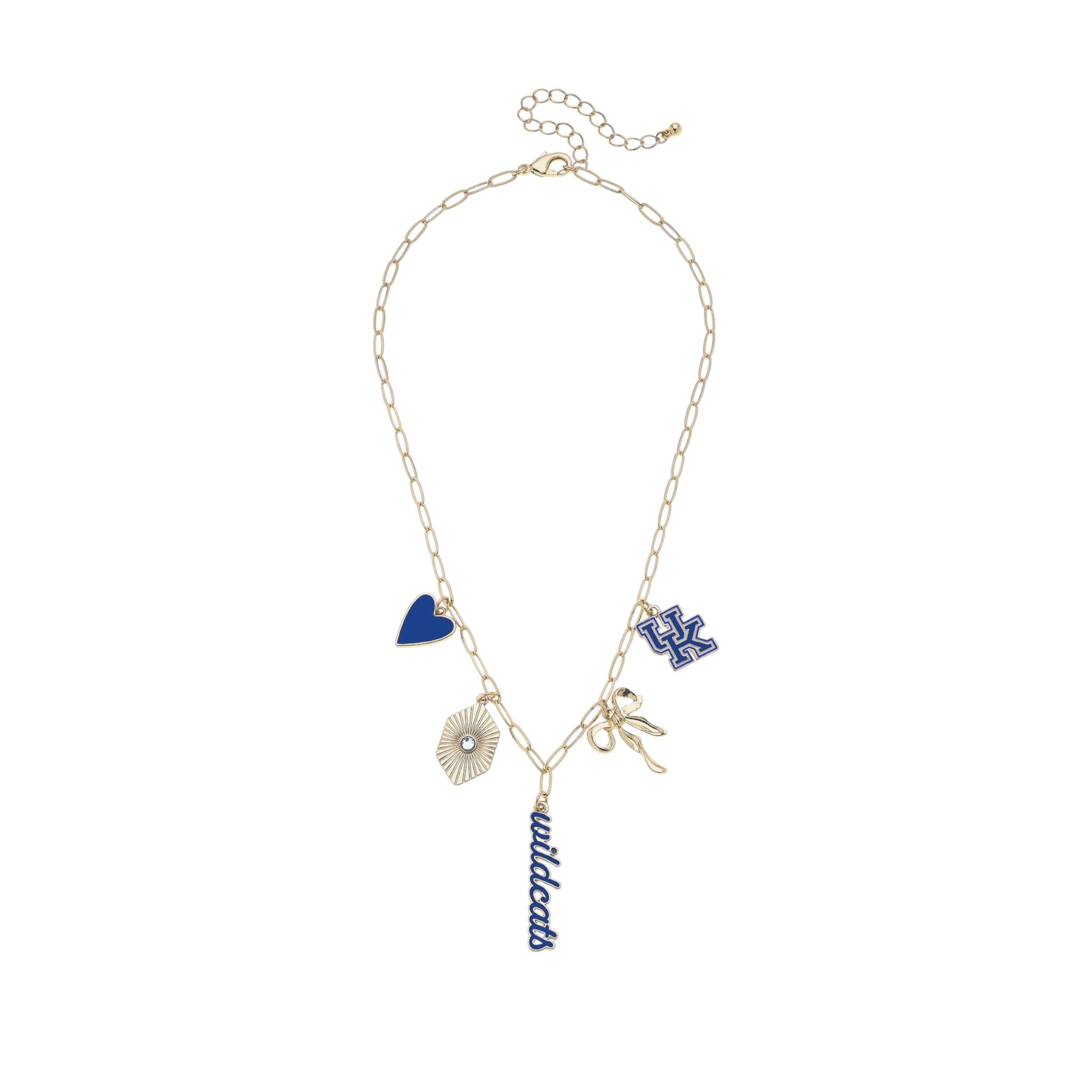 Necklace with heart, circle, and 'wildcats' charms on a white background