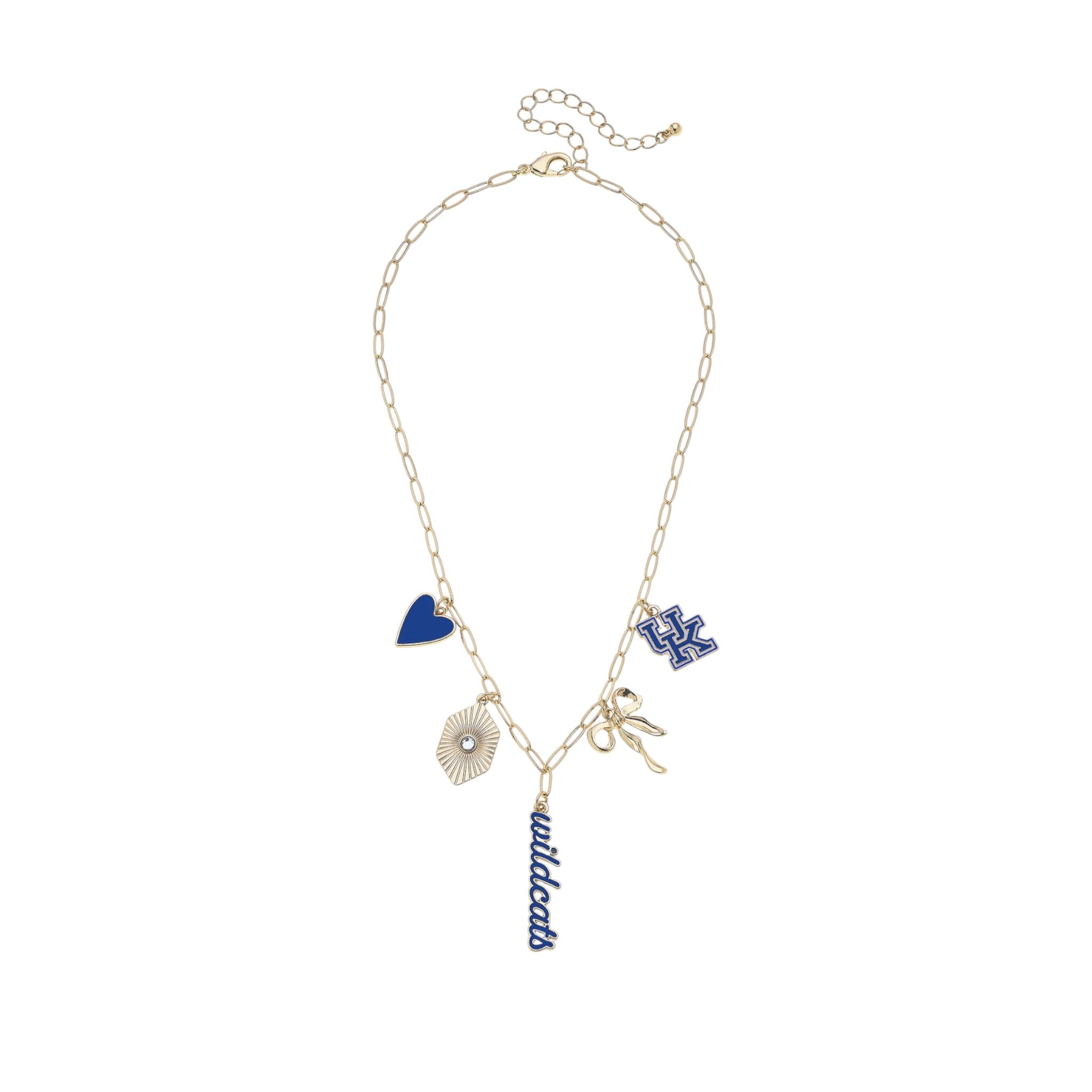 Necklace with heart, circle, and 'wildcats' charms on a white background