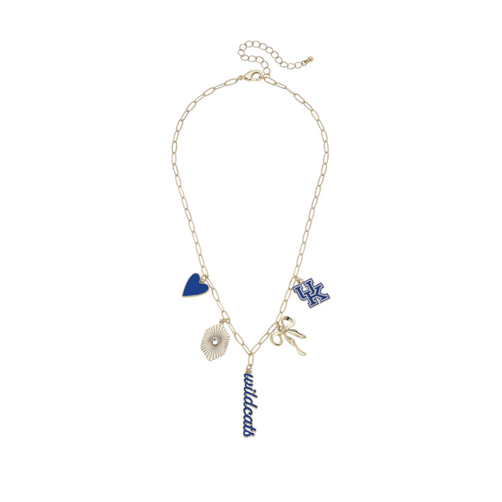 Necklace with heart, circle, and 'wildcats' charms on a white background