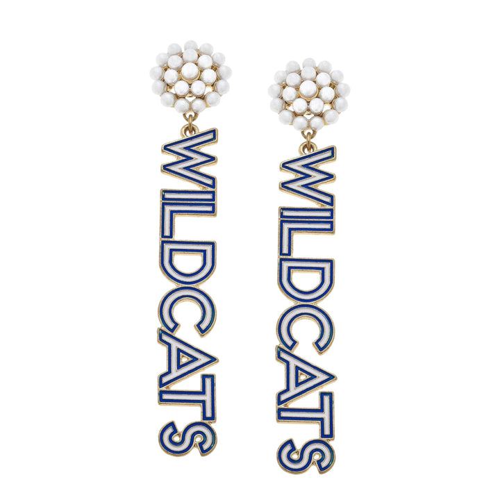 Earrings with 'WILDCATS' text and floral top design on a white background
