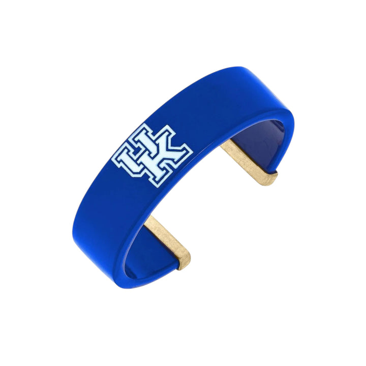 Blue wristband with a logo on a white background