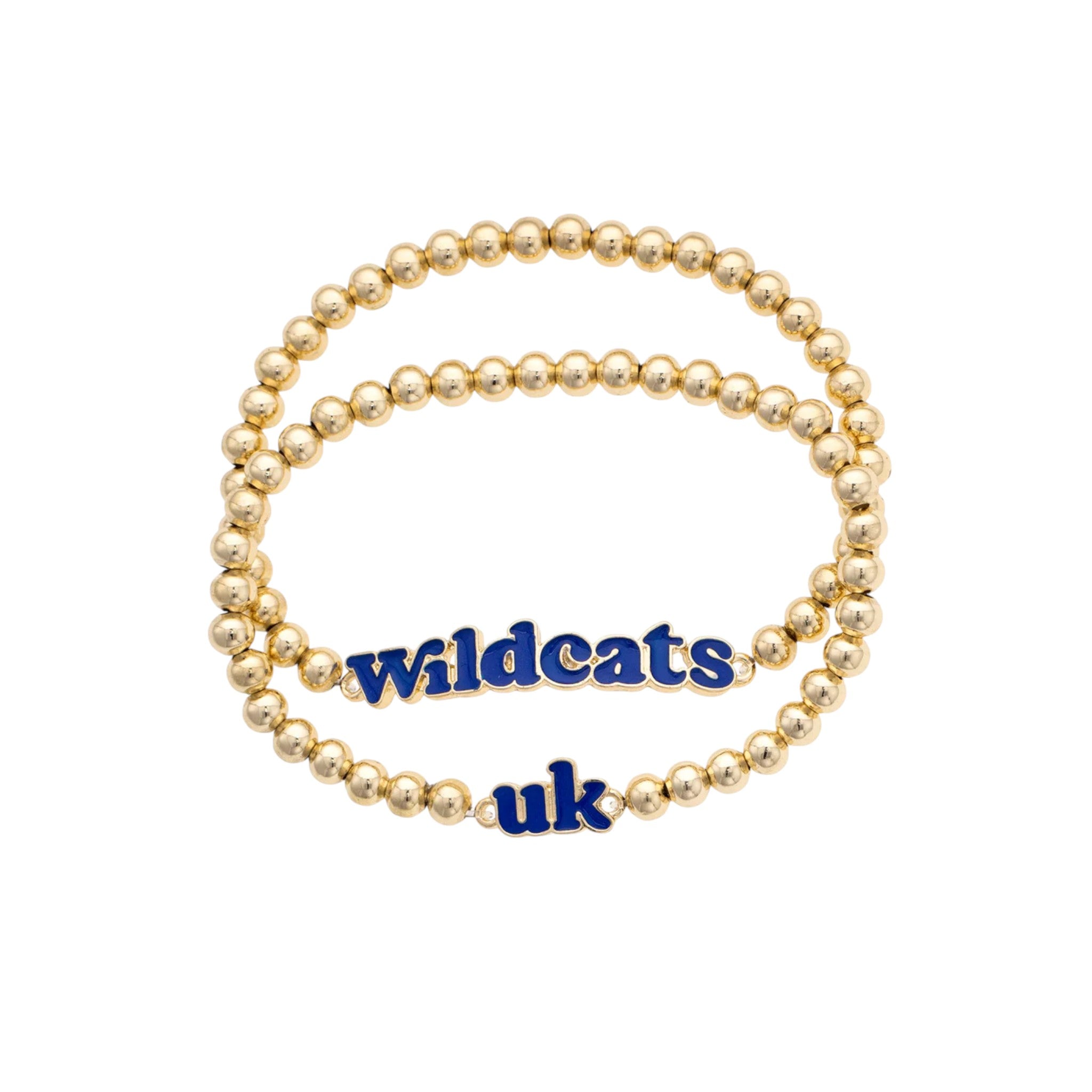 Gold beaded bracelet with 'Wildcats uk' charm on a white background
