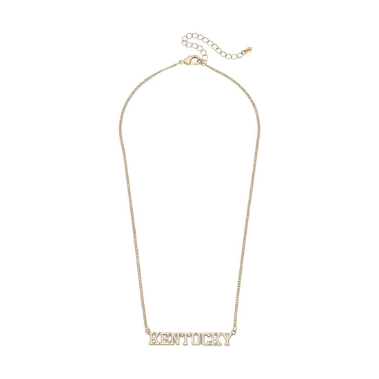 Gold necklace with 'Kentucky' inscription on a white background