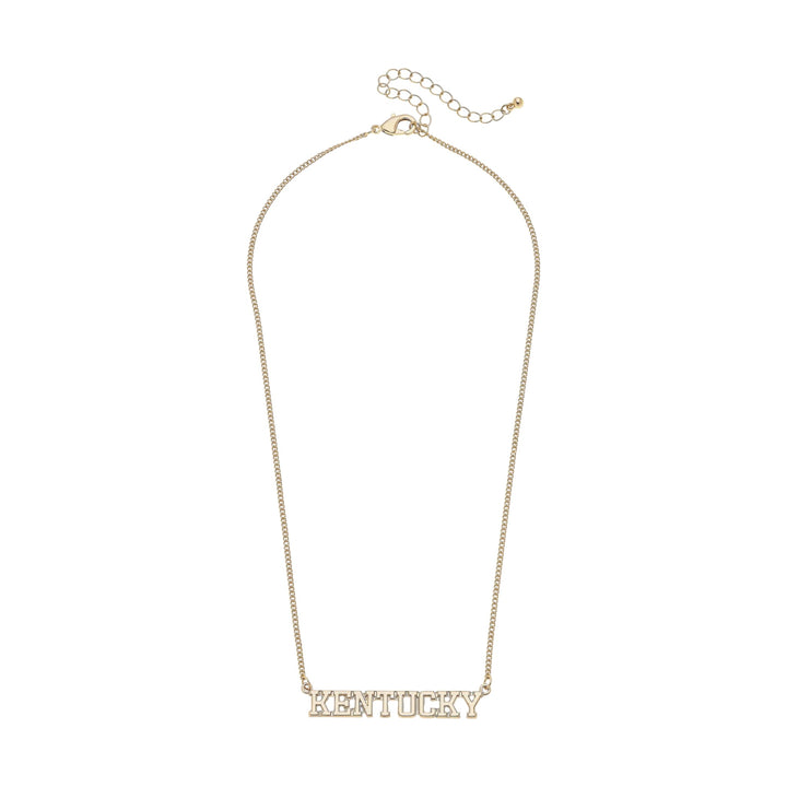 Gold necklace with 'Kentucky' inscription on a white background