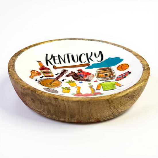 A 5-inch round mango wood and enamel tray featuring colorful artwork of iconic Kentucky symbols.