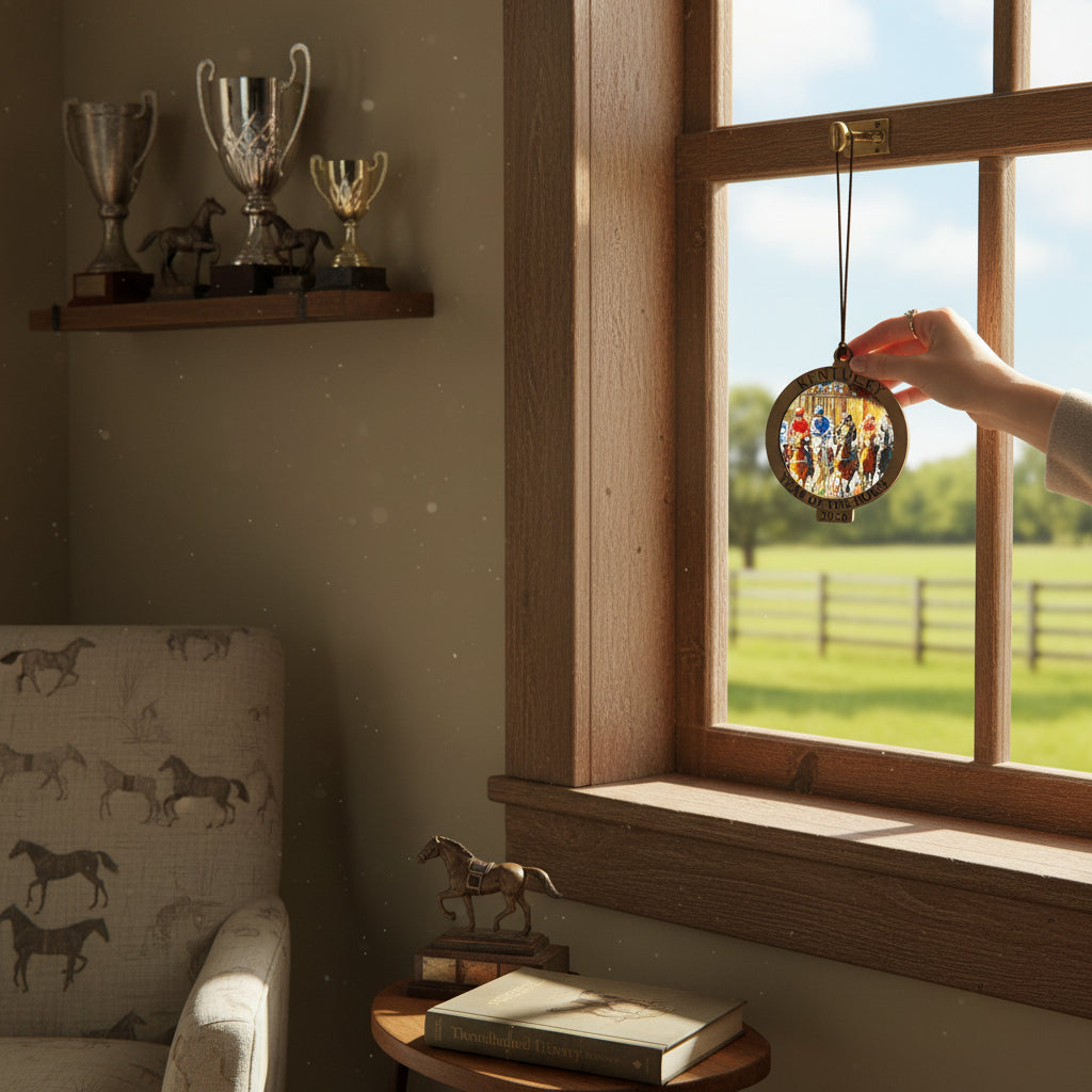 The Kentucky Year of the Horse 2026 ornament hanging in a window, with light shining through the acrylic image of horses at the starting gate.