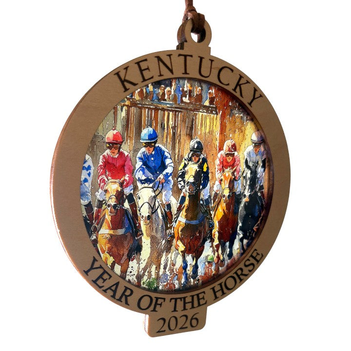 Decorative ornament with horse racing scene and 'Kentucky Year of the Horse 2026' text.