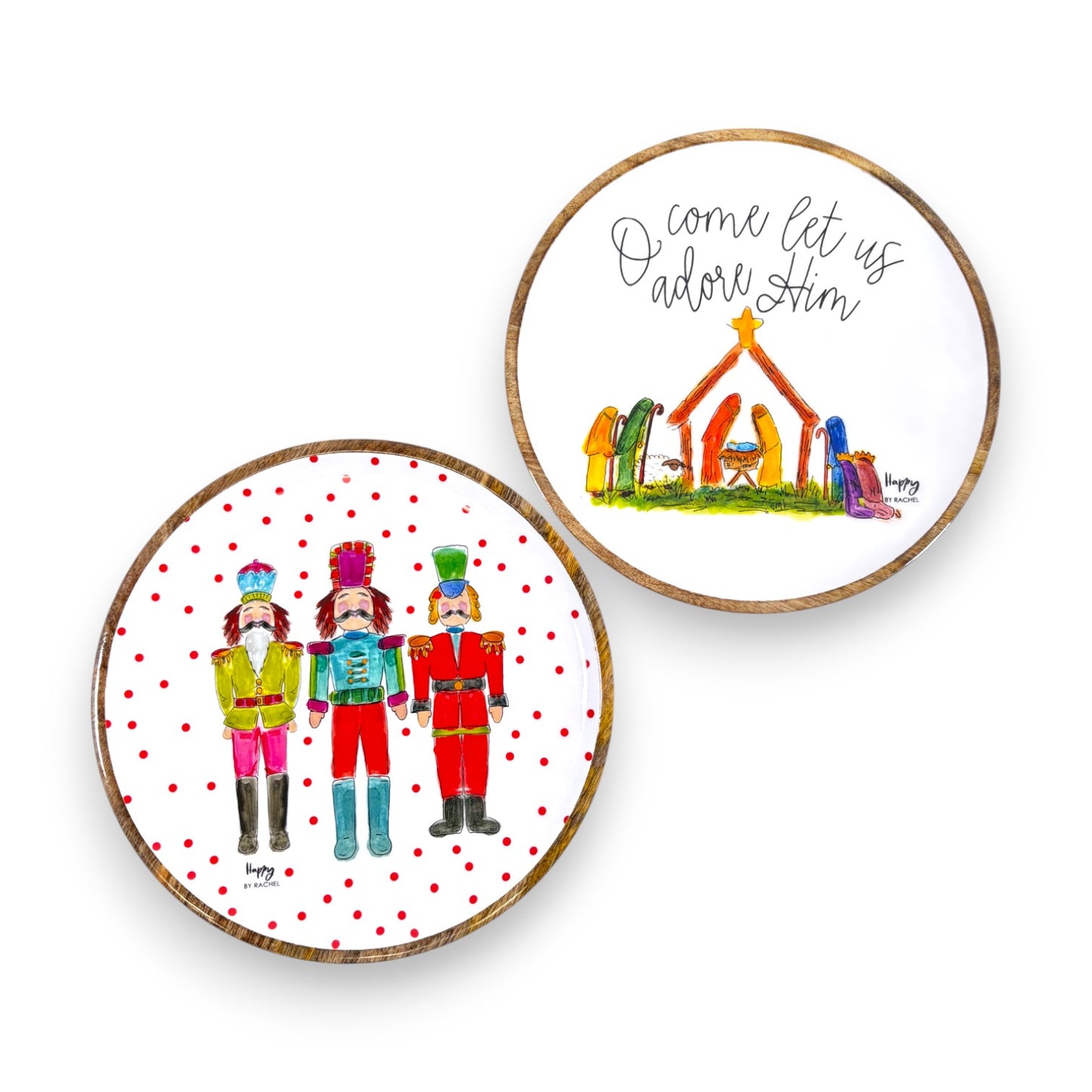 A shot showing both the Nutcracker and Nativity Large Holiday Trays side-by-side.