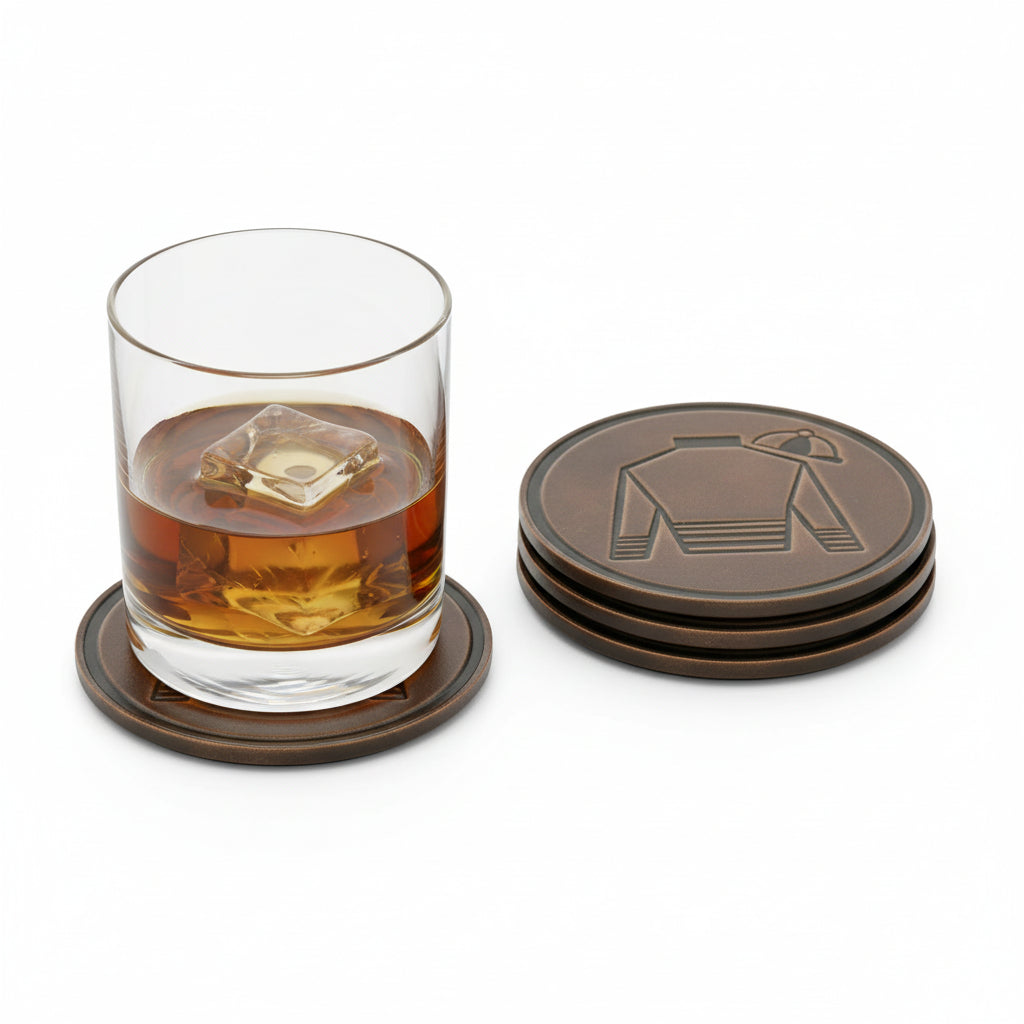 A rocks glass with bourbon sitting on a Jockey Silk leather coaster, highlighting the texture and debossed design.