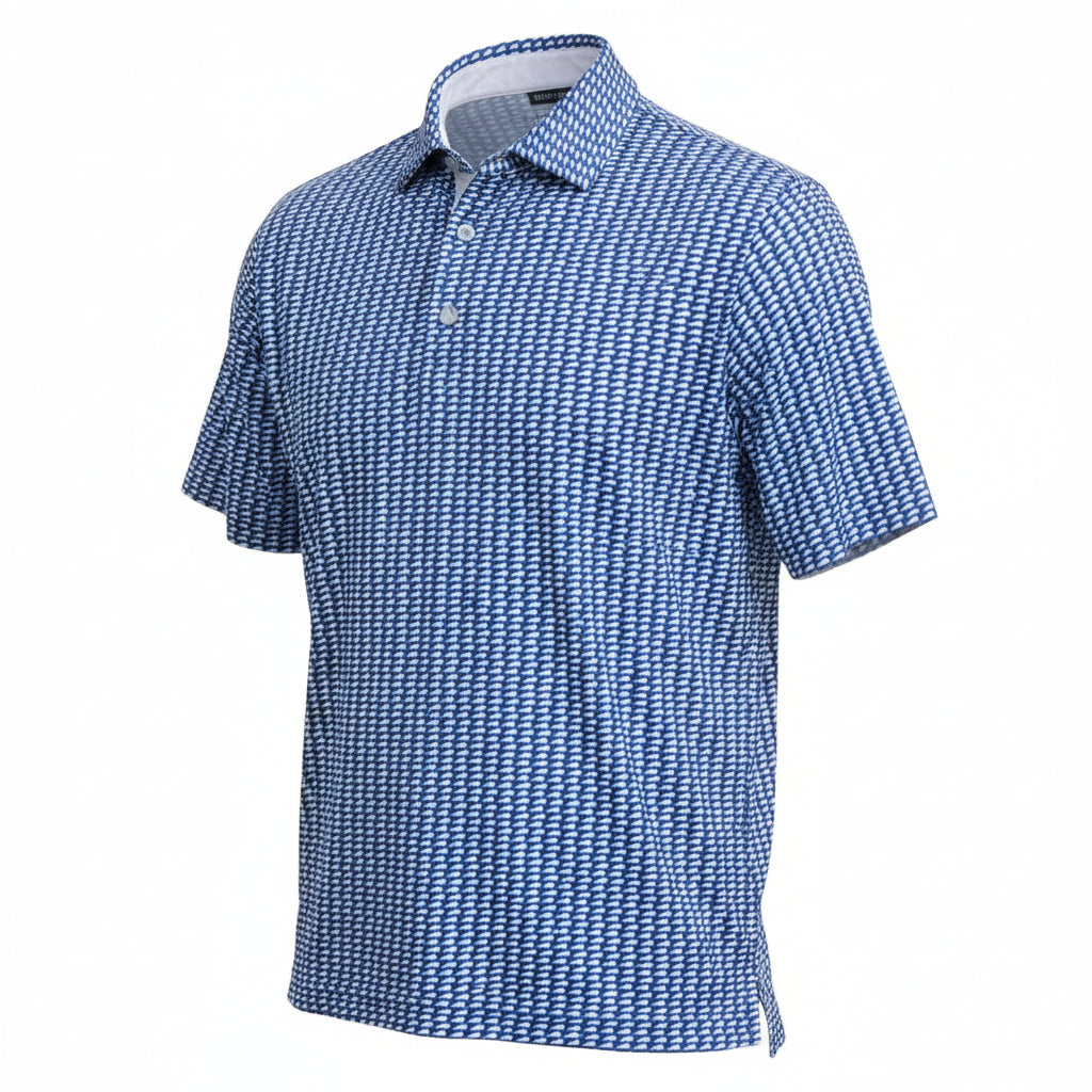 Image of the Lexington, Kentucky polo shirt showcasing the intricate blue and white micro-pattern and the performance fabric texture on a white background.