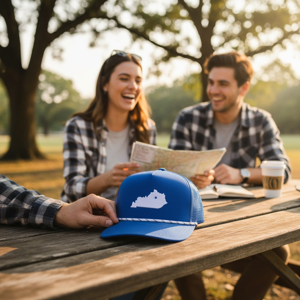 Two people sitting at a picnic table with a blue cap featuring a white kentucky design.