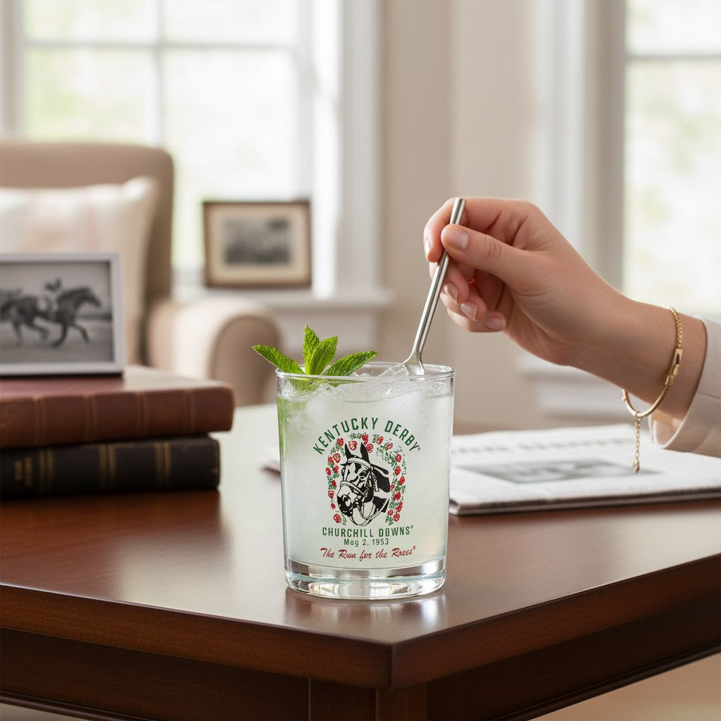 A person enjoying a classic cocktail from the 1953 Derby throwback rocks glass.
