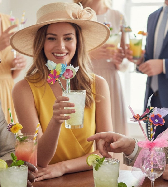Woman in a yellow dress and large hat holding a cocktail with colorful drink stirrers topped with handmade miniature Kentucky Derby hats, at a social gathering.