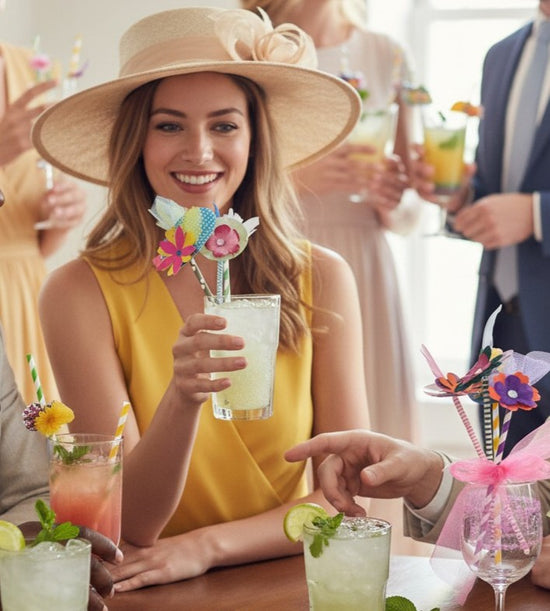 Woman in a yellow dress and large hat holding a cocktail with colorful drink stirrers topped with handmade miniature Kentucky Derby hats, at a social gathering.