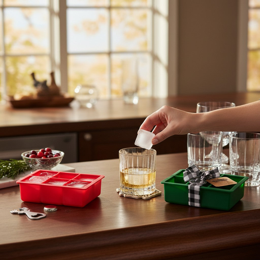 A styled holiday bar scene featuring the antler opener and whiskey glasses.