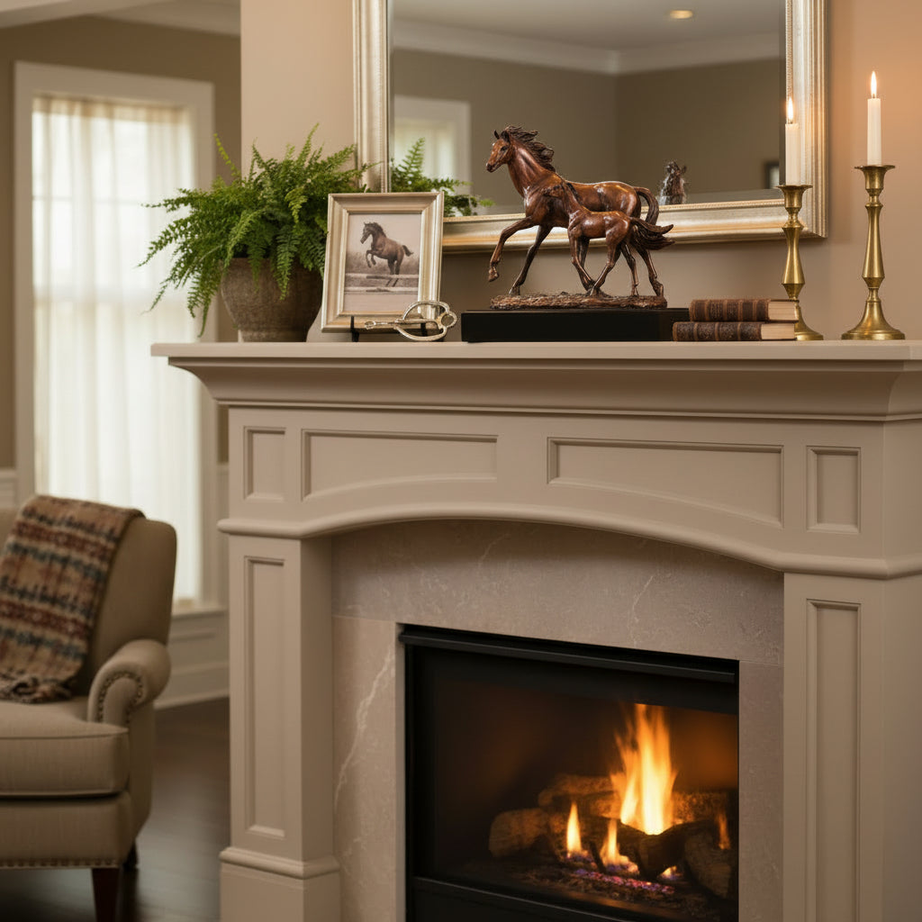 The Mom & Foal Running Sculpture as a powerful centerpiece on a modern fireplace mantel.