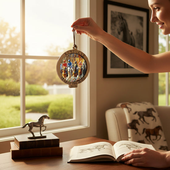 Person holding a Kentucky Year of the Horse 2026 ornament with a scenic view, surrounded by books and a horse figurine in a room with a window.