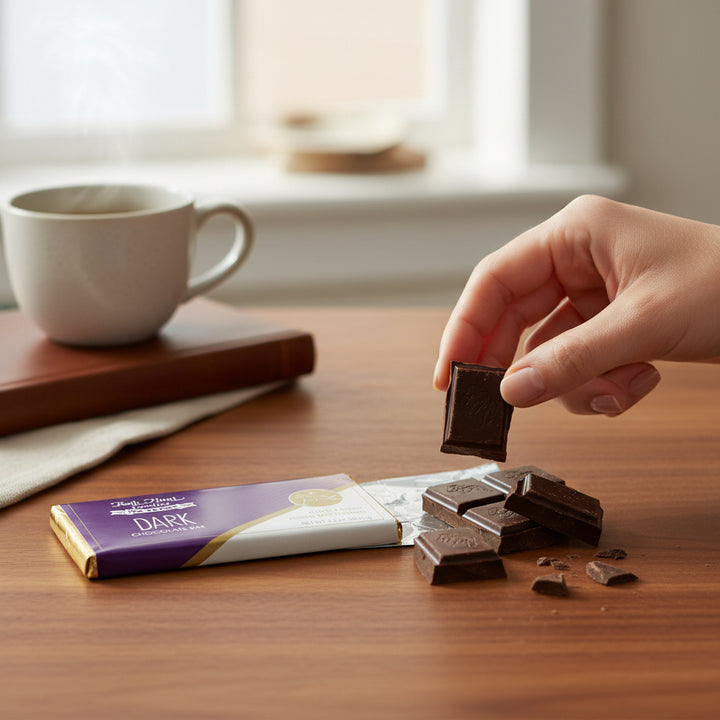 Hand picking a piece of dark chocolate from a bar on a wooden table with a cup in the background.