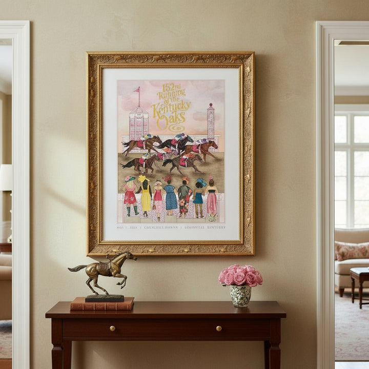 152nd Kentucky Oaks limited-edition print featuring gold foil accents and vibrant lily imagery.