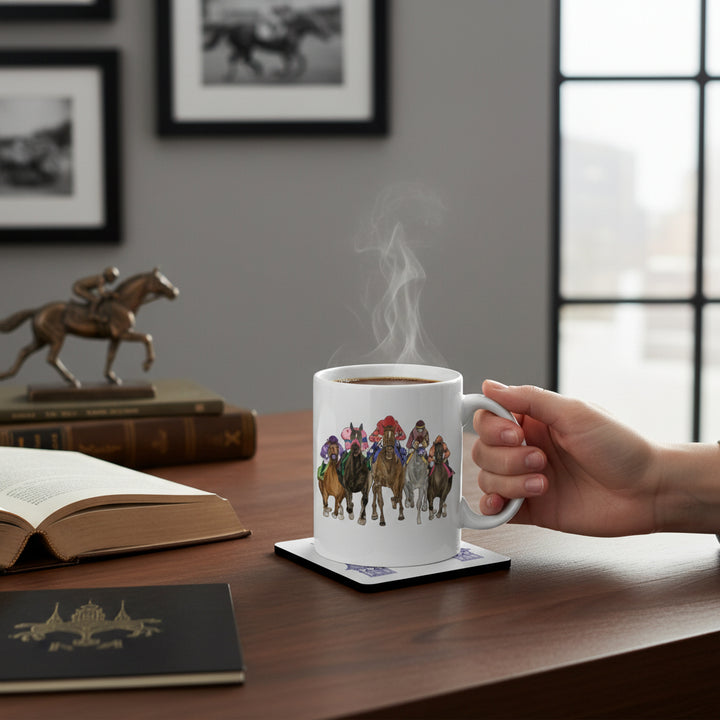 The Art of the Derby set featuring a white ceramic mug with a colorful horse racing illustration and a matching 152nd Kentucky Derby coaster.