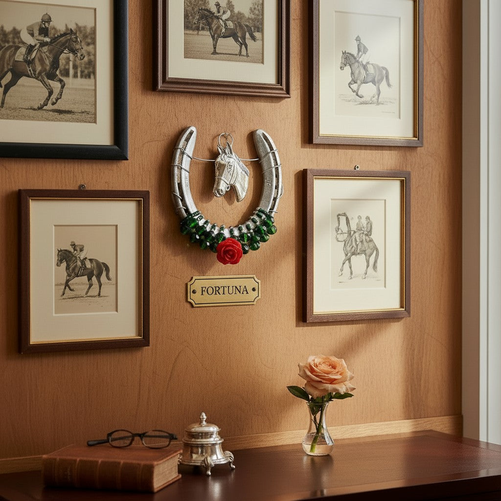 Wall with framed horse racing pictures and a bejeweled horseshoe decoration, with a vase of flowers on a table below.