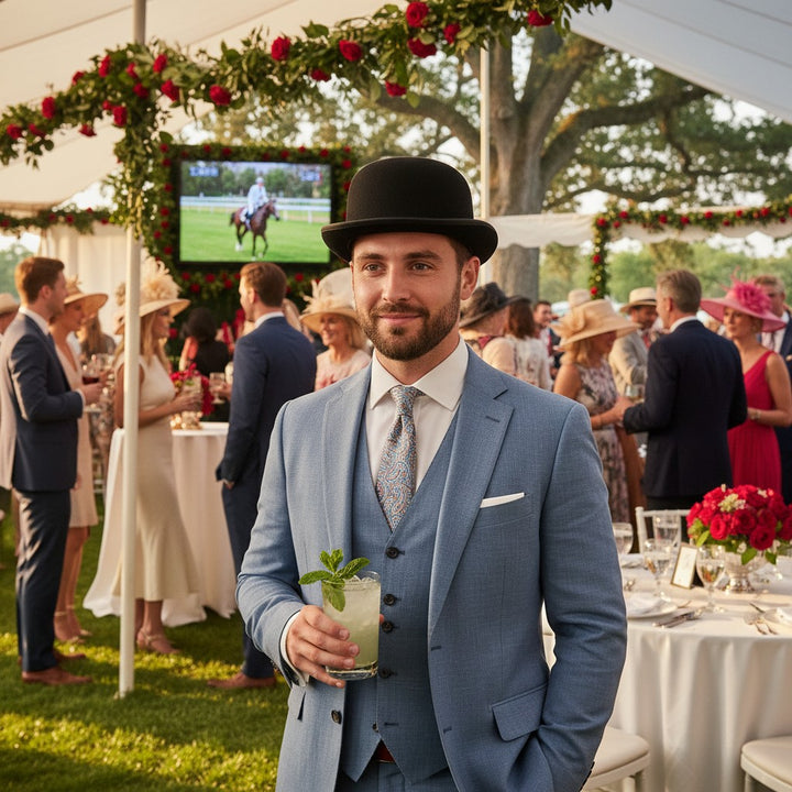 A classic black velour derby-style bowler hat with a rounded crown and curled brim, being worn by a man at a Kentucky Derby Party.