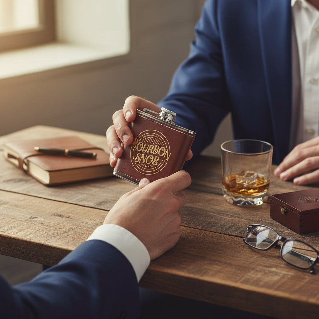 Person holding a leather flask with "Bourbon Snob" featuring bold gold script on a wooden table.