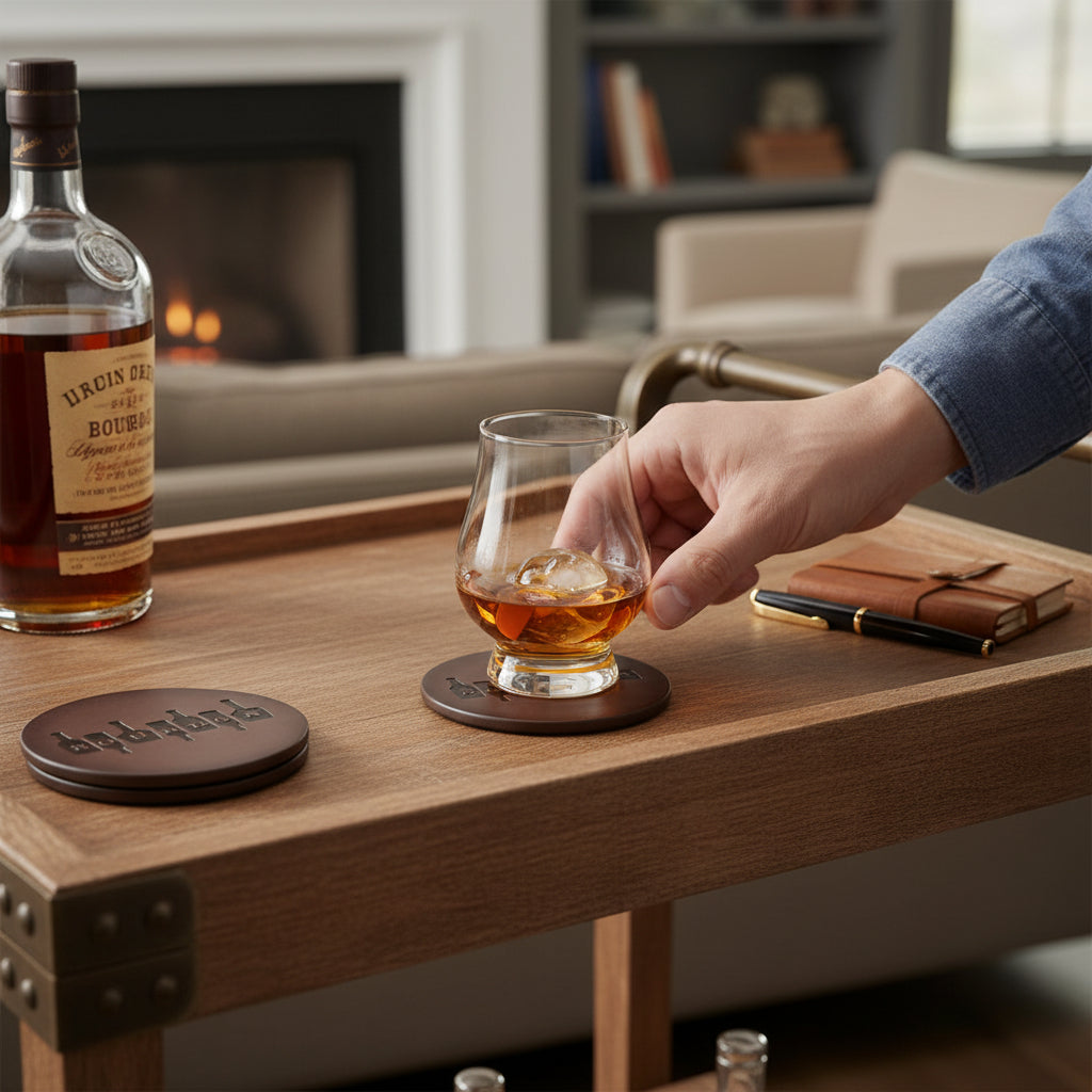 Person holding a glass of bourbon next to a bottle on a wooden table with round brown genuine leather coasters with dark stitching and debossed bourbon bottle graphic, and a cozy indoor background.